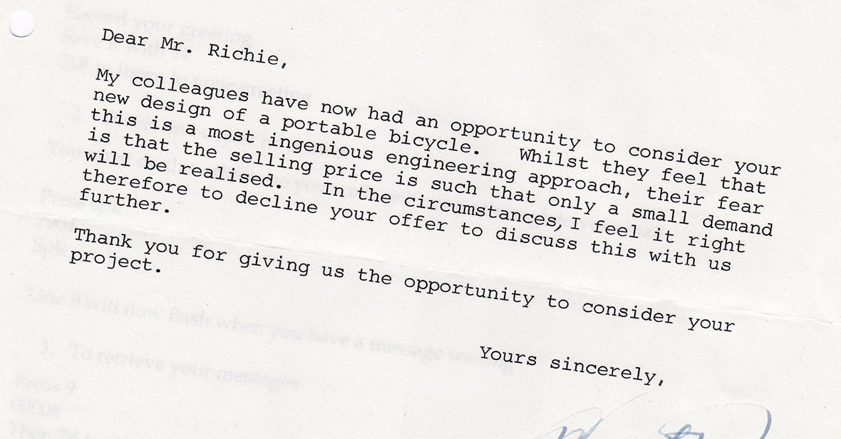 A rejection letter to Andrew Ritchie, inventor of the Brompton bike