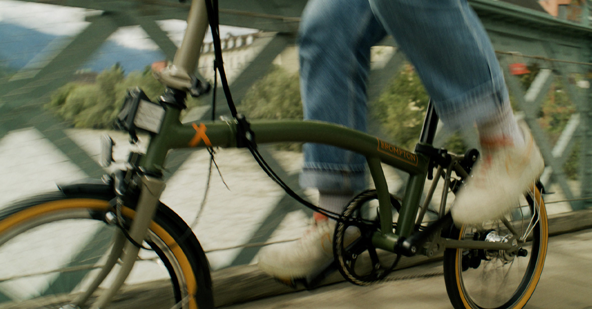 The mainframe of the Brompton x Bear Grylls folding bike, shot by Clara Johanna