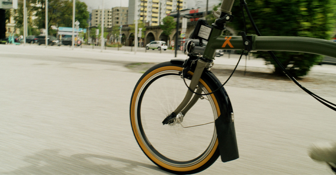 The front tyre of the Brompton x Bear Grylls folding bike, shot by Clara Johanna