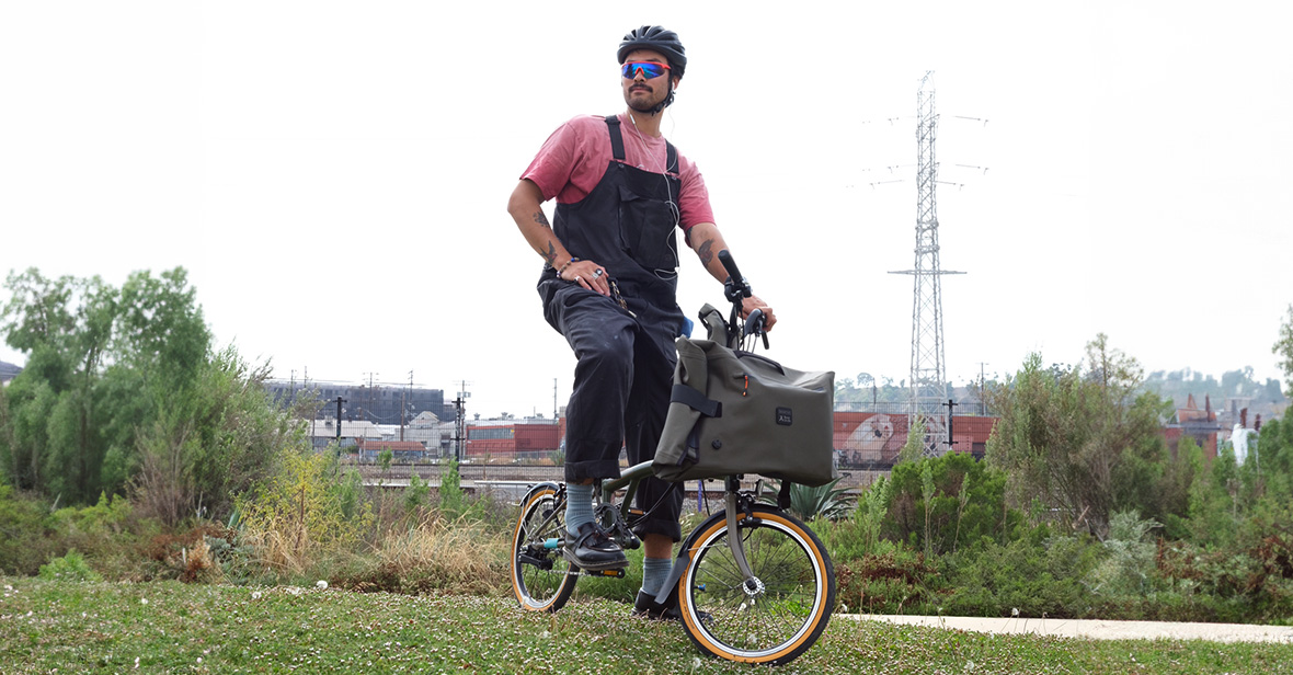 Ceramicist Danny Dooreck on his Brompton x Bear Grylls folding bike in LA