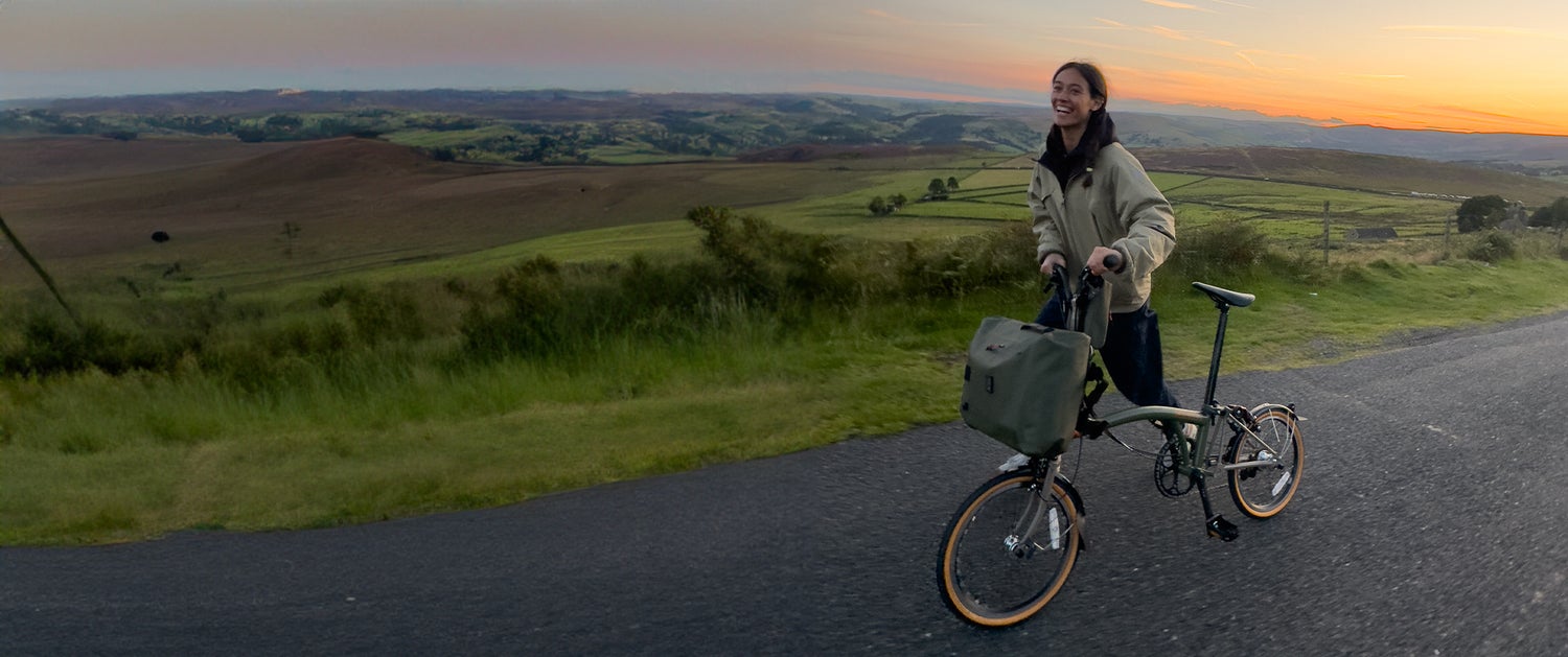 Eugenie Lee on her Brompton x Bear Grylls bike